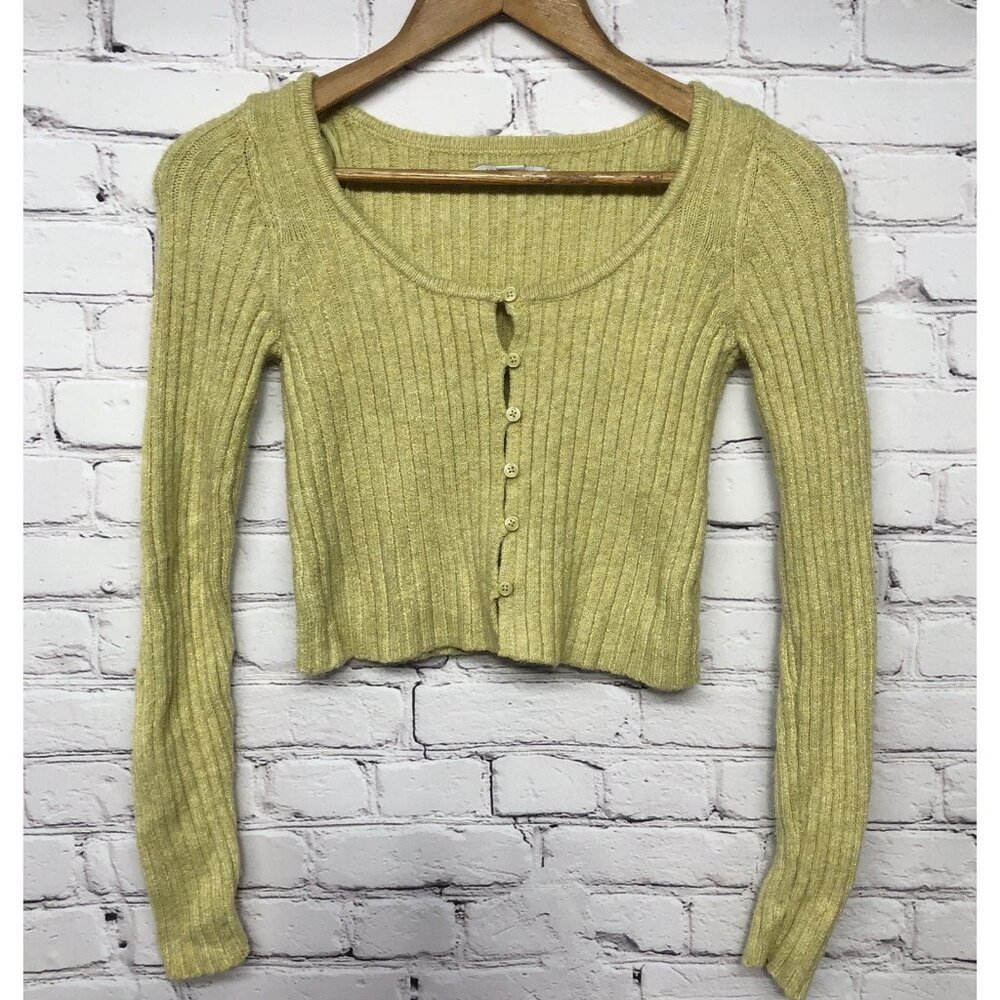 American Eagle Y2K Style Yellow Green Ribbed Round Neck Button Sweater Sz XS